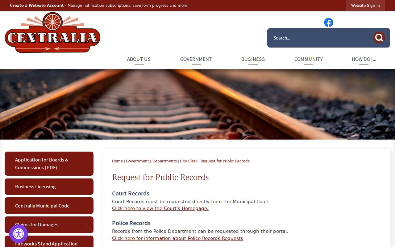 Lewis County arrest record routing on Centralia's official records page