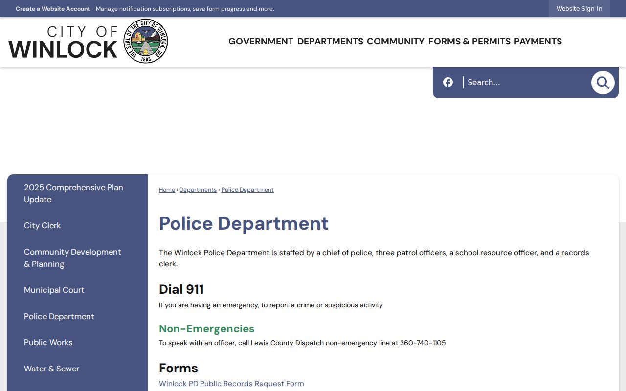 Winlock Police contact page for Lewis County arrest report requests