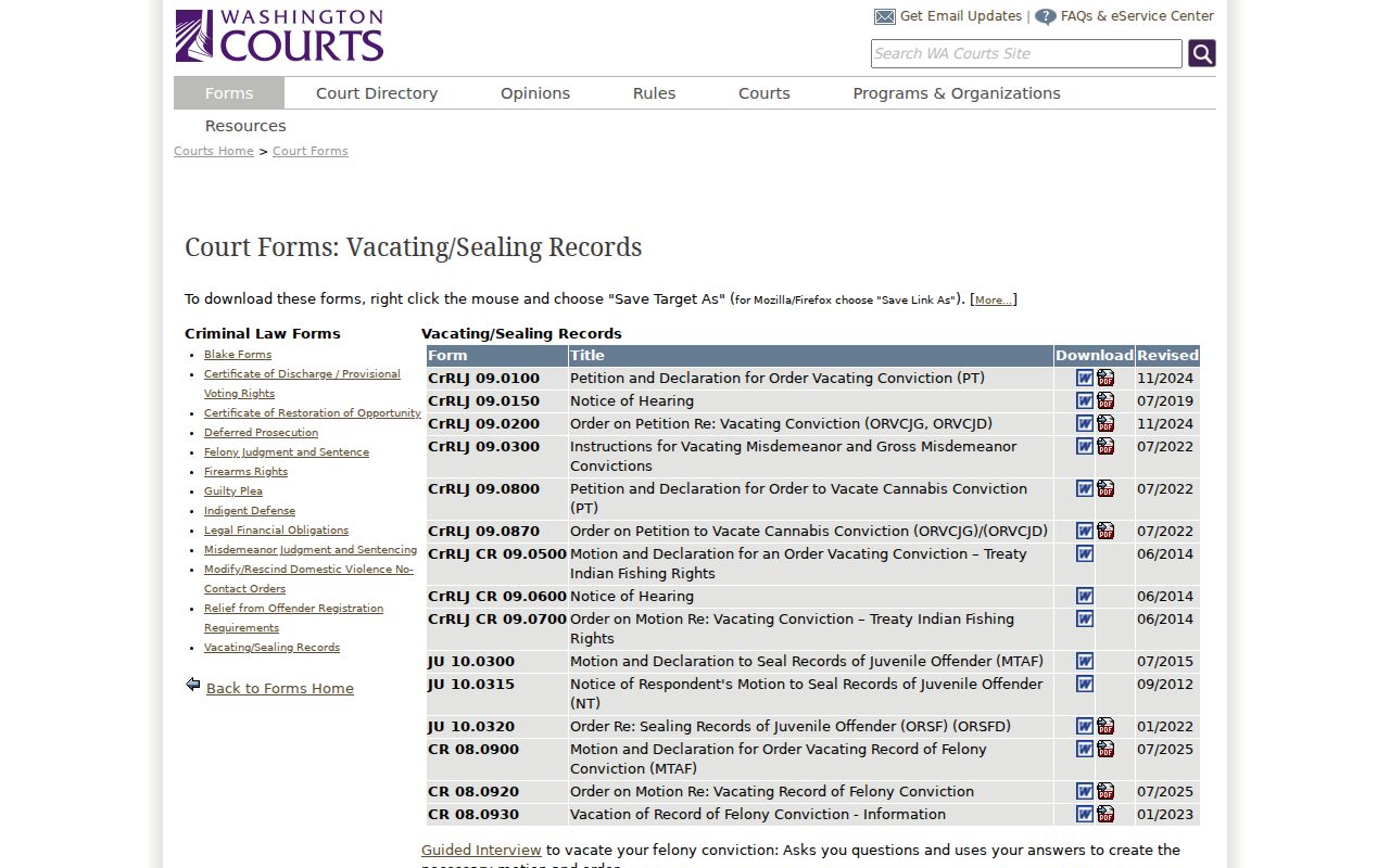 Washington forms for vacating Lewis County criminal court records